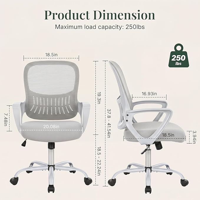 Home Office Desk Chair, Ergonomic Mid-Back Mesh Computer Task Chair with Comfortable Lumbar Support, Height Adjustable Swivel with Fixed Armrest for Adults, Student, Grey