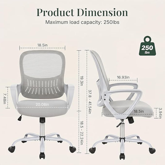 Home Office Desk Chair, Ergonomic Mid-Back Mesh Computer Task Chair with Comfortable Lumbar Support, Height Adjustable Swivel with Fixed Armrest for Adults, Student, Grey