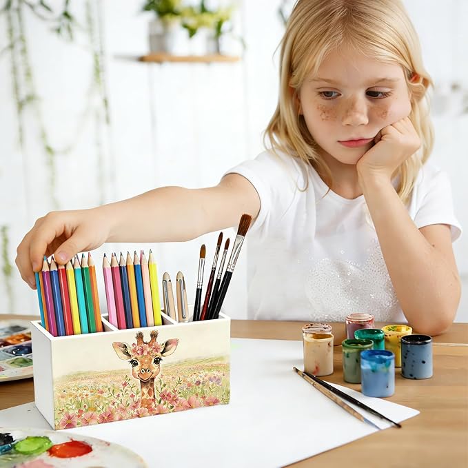 Giraffe Cottagecore Flower Pen Pencil Holder for Desk, Giraffe Gifts for Women, Animal Lovers Gifts Wooden Box Sign Decorations for Girls Room Bedroom Home Office Desk Tabletop