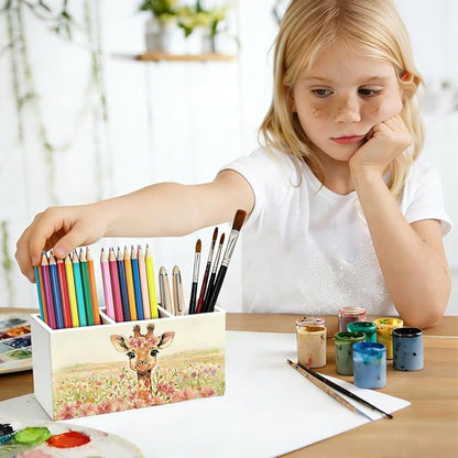 Giraffe Cottagecore Flower Pen Pencil Holder for Desk, Giraffe Gifts for Women, Animal Lovers Gifts Wooden Box Sign Decorations for Girls Room Bedroom Home Office Desk Tabletop
