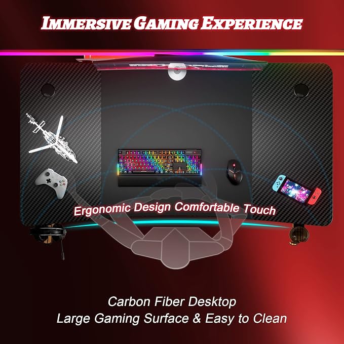 HLDIRECT 47 Inch Gaming Desk, Large Computer Gaming Desk Table with Cable Management, Ergonomic Carbon Fiber Gamer Table Pc Work Home Office Desks with Cup Holder & Headphone Hook & Mouse Pad, Black