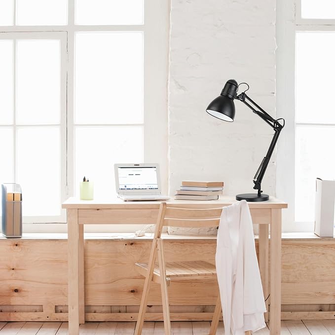 Globe Electric 5698601 28" Heavy Base Top Moving Spring Balanced Swing Arm Desk Lamp, Black, On/Off Rotary Switch on Shade, Office Decor, Reading Light, Home Essentials, Room Lighting