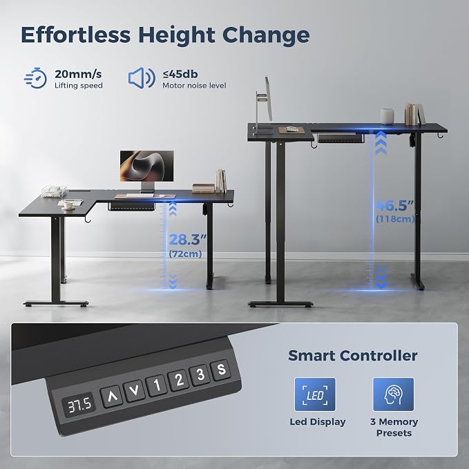 Klicelor L Shaped Standing Desk 75 x 61 Inch,Electric Height Adjustable Corner Desk with Cable Management & Power Outlets, Ergonomic Sit Stand Up Computer Table for Home Office,Black