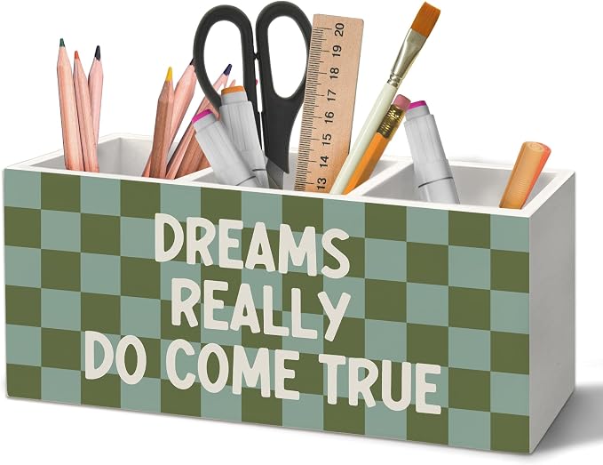 Inspirational Pen Holder Organizer for Desk Accessories, Motivational Gifts for Women, Dreams Really Do Come True Retro Green Checkered Wooden Box Sign Desk Decorations for Home Office Decor