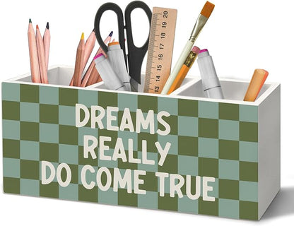 Inspirational Pen Holder Organizer for Desk Accessories, Motivational Gifts for Women, Dreams Really Do Come True Retro Green Checkered Wooden Box Sign Desk Decorations for Home Office Decor