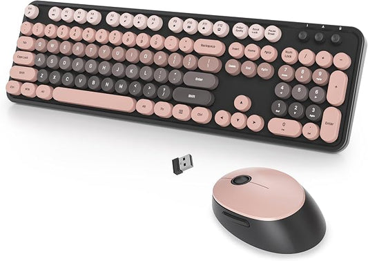 Wireless Keyboard and Mouse Set, Retro Typewriter, 2.4GHz Full Size 104-Key Cute Keyboard with Number Pad, Colorful Keyboard with Round Keycaps for Windows PC Laptop(Raspberry)