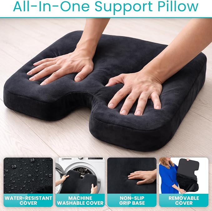 Vive Tailbone Cushion, Memory Foam Seat for Pain Relief, Sciatica, Coccyx & Back Support for Office Chair, Car, Wheelchair & Airplane, Water-Resistant Cover, 2-Layer Foam Comfort, Wheelchair (Black)
