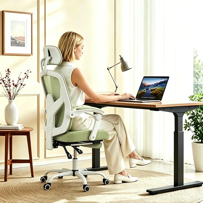 Ergonomic Office Chair with Footrest, High Back Home Desk Computer Chair with Lumbar Support & Headrest, 90-135° Reclining Mesh Back with Wheels for Work, Gaming, Green