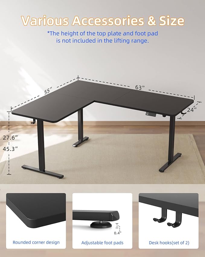 YIHAYO L Shaped Standing Desk Adjustable Height, 63 x 55 Inches Electric Corner Standing Desk with Splice Board, Computer Desk for Home Office, Black