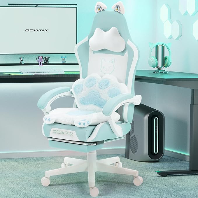 Dowinx Gaming Chair with Cat Ears and Massage Lumbar Support, Ergonomic Computer Chair with Footrest and Headrest, Comfortable Reclining Game Chair 291lbs for Adults, Blue