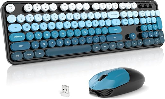 Wireless Keyboard and Mouse Combo, 2.4GHz Gradient Colorful Full-Size Retro Typewriter Keyboard with Wireless Mouse for PC/Desktop/Laptop/Windows (Black Blue)