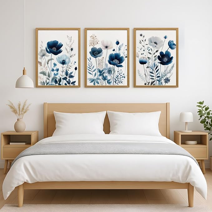 LLEEMPI Navy Blue Floral Wall Art Set of 3, Modern Wildflower Wall Decor, Watercolor Botanical Canvas Paintings, Classic Minimalist Poster Prints for Bedroom Bathroom Office Wood Framed 12x16 Inch