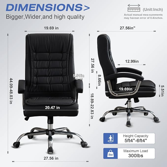 Executive Office Chair Adjustable Leather Chair, High Back Swivel Office Desk Chair with Padded, Armrest 350lbs Load-Bearing Spring Seat Computer Desk Chair for Home Office, Black