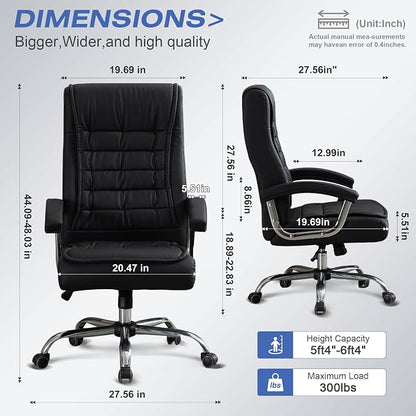 Executive Office Chair Adjustable Leather Chair, High Back Swivel Office Desk Chair with Padded, Armrest 350lbs Load-Bearing Spring Seat Computer Desk Chair for Home Office, Black