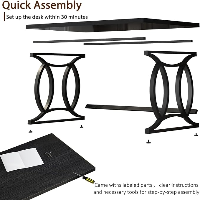 HSH Black Home Office Desk, 55 Inch Metal Wood Computer Desk, Simple Modern Study Executive Desk for Work Writing, Modern Student Gaming Computer PC Table for Bedroom Living Room,Blach Oak