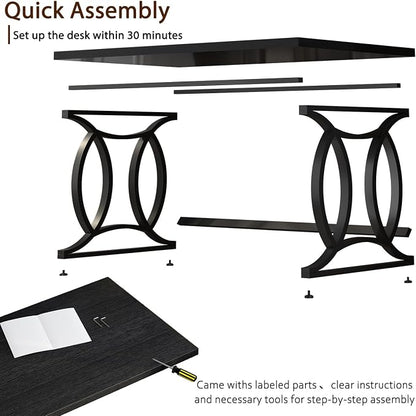 HSH Black Home Office Desk, 55 Inch Metal Wood Computer Desk, Simple Modern Study Executive Desk for Work Writing, Modern Student Gaming Computer PC Table for Bedroom Living Room,Blach Oak