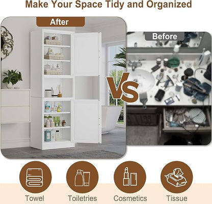 pozdeg 67" Tall Narrow Storage Cabinet, Metal Bathroom Cabinet with 2 Doors & 4 Adjustable Shelves, Freestanding Slim Pantry Organizer for Bathroom Kitchen Living Room (White)