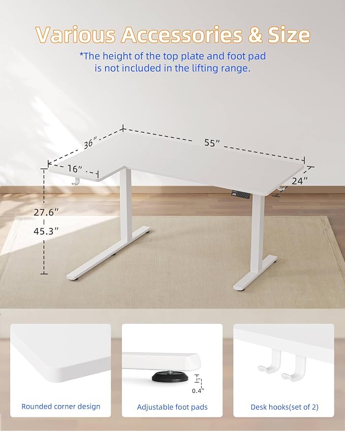 YIHAYO Reversiable L-Shaped Electric Standing Desk, 55 Inches Adjustable Height Corner Desk, Sit and Stand Up for Work Office Home, Computer Table with Splice Board, White