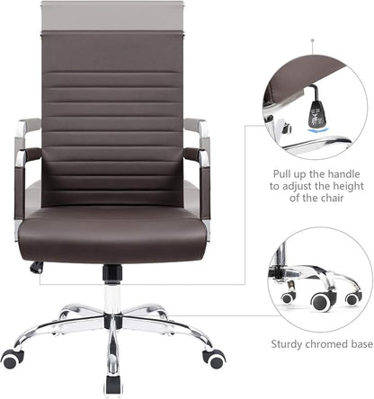 KaiMeng Ribbed Office Desk Mid Back Computer Chair Height Adjustable Conference Executive Task Swivel PU Leather (Brown)
