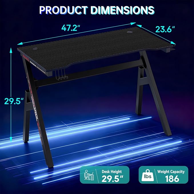 BestOffice | 47" Gaming Desk | Black & Red | Carbon Fiber Textured Computer Desk | Sturdy Steel Frame,Cup Holder, Headphone Hook, Cable Management Holes, Adjustable Leg Pads | for Gamers,Home,Office