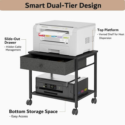 Homleke 2-Tier Under Desk Printer Stand with Drawer, Mobile Printer Table with Lockable Wheels, Heavy Duty Metal Frame & Wood Shelf, Fits Printers/Scanners/Fax Machines – Black, 15.7" Lx11.8 Wx15.7 H