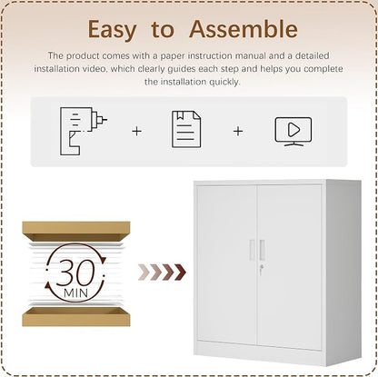 Metal Storage Cabinet, 36" H Locking Storage Cabinet, Metal Storage Cabinet with Locking Doors for Home, School, Office, Garage, White