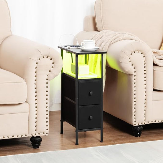 LOAKEKEL Narrow Nightstand with Charging Station, End Tables Living Room Set of 2, Skinny Side Table with Fabric Drawers, Small Sofa Table with LED Light for Bedroom, Black, HETNDP02LBK