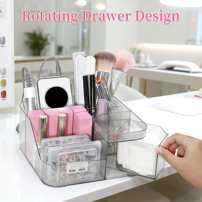 BQAN Transparent Acrylic Nail Desk Organizer, Drill & Brush Holder, Professional Storage Box for Nail Tools, Makeup, Eyeshadows, Skin Care