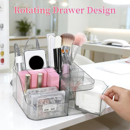 BQAN Transparent Acrylic Nail Desk Organizer, Drill & Brush Holder, Professional Storage Box for Nail Tools, Makeup, Eyeshadows, Skin Care