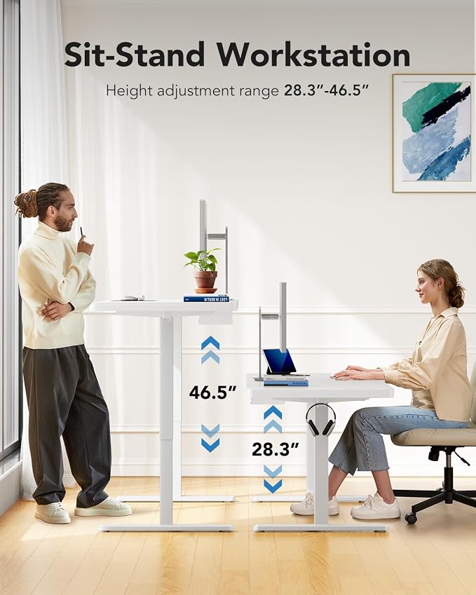 HUANUO 60 x 30 inch Large Standing Desk, Powerful Brushless Motor Large Height Adjustable Table, 4 Memory Preset Stand Up Work Station Sit Stand Desk, Home Office with Thick T-Shaped Frame,White