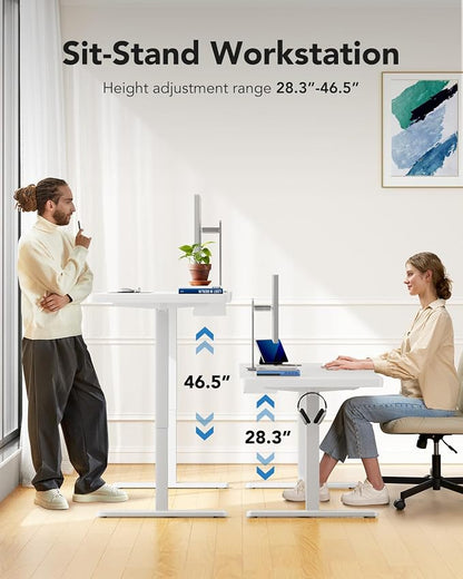 HUANUO 60 x 30 inch Large Standing Desk, Powerful Brushless Motor Large Height Adjustable Table, 4 Memory Preset Stand Up Work Station Sit Stand Desk, Home Office with Thick T-Shaped Frame,White