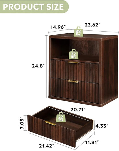 WLIVE Fluted Night Stand, Wood Nightstands with 2 Storage Drawers and Open Shelf, Mid Century Modern Bed Side Tables for Bedroom, Dorm, Espresso