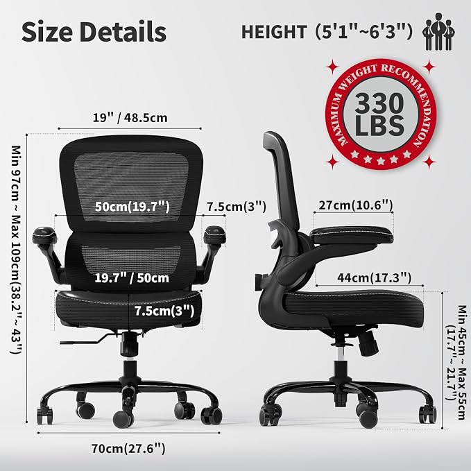 TRALT Ergonomic Office Chair - Desk Chair with Adjustable Lumbar Support Computer Chair - Mesh Comfy Chair with Flip-up Armrests - Gaming Chairs for Adults Home Office (Leather, Black)