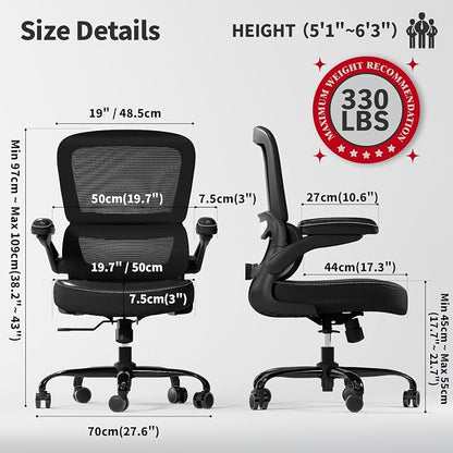 TRALT Ergonomic Office Chair - Desk Chair with Adjustable Lumbar Support Computer Chair - Mesh Comfy Chair with Flip-up Armrests - Gaming Chairs for Adults Home Office (Leather, Black)
