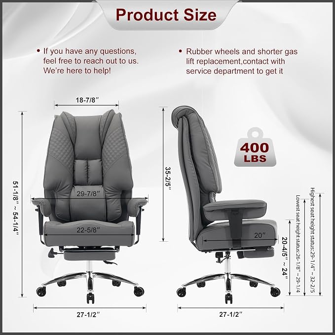 EXCEBET Big and Tall Office Chair 400lbs Wide Seat, Leather High Back Executive Office Chair with Foot Rest, Ergonomic Chairs Lumbar Support for Lower Back Pain Relief (Grey)