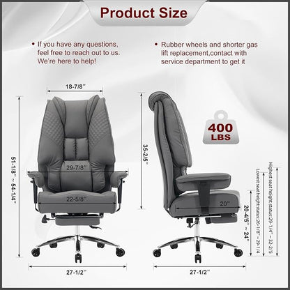 EXCEBET Big and Tall Office Chair 400lbs Wide Seat, Leather High Back Executive Office Chair with Foot Rest, Ergonomic Chairs Lumbar Support for Lower Back Pain Relief (Grey)