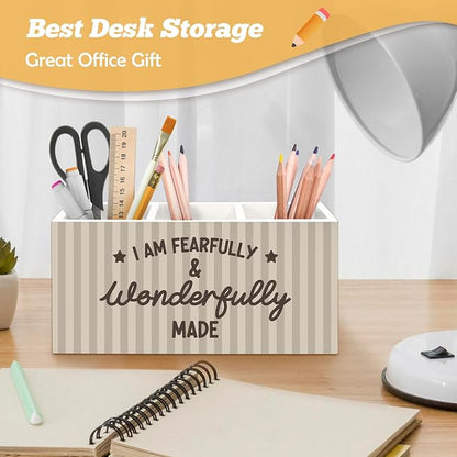 Christian Pen Holder Organizer for Desk Accessories, Christian Gifts for Women, I Am Fearfully and Wonderfully Made Bible Verse Wooden Box Sign Desk Decorations for Home Office Decor