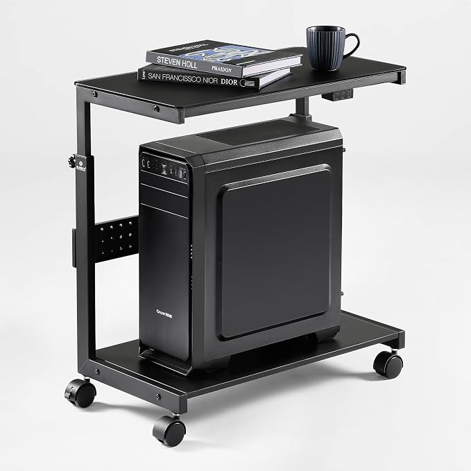 EUREKA ERGONOMIC Height Adjustable Computer Tower Stand, Illuminated Glass Panel PC Stand w/RGB Lights, 2-Tier CPU Holder Cart Under Desk, PC Floor Stand for Office Gaming, APP Control