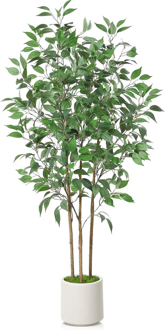 SOGUYI Ficus Artificial Tree 5ft Tall Fake Ficus Tree for Home Decor Indoor Faux Silk Ficus Plant Fake Floor Plant in White Imitation Ceramic Planter with Green Fake Moss, Set of 1