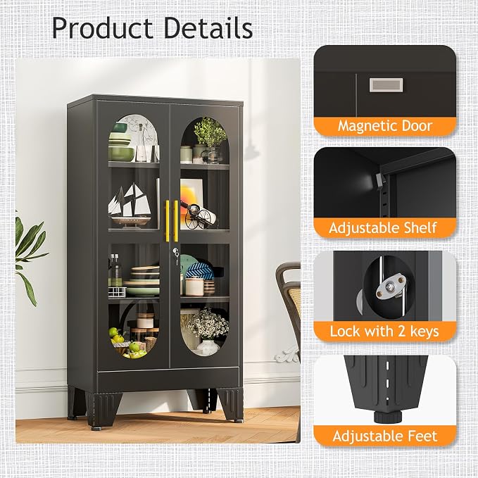 PAOFIN 47" H Locking Display Cabinet with Glass Door, Metal Cabinets with 3 Adjustable Shelves, Cabinet Display Case for Living Room, Collectibles, Clinic, Home - Assembly Required Black