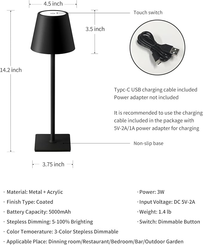 KDG Cordless Table Lamp, Portable LED Desk Lamp, 5000mAh Battery Operated, 3 Color Stepless Dimming Up, for Restaurant/Bedroom/Bars/Outdoor Party/Camping/Coffee Shop Atmosphere Night Light(Black)