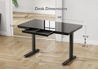 Claiks Glass Standing Desk with Drawers, 48×24 Inch Adjustable Stand Up Desk, Quick Install Home Office Computer with USB Ports, Black