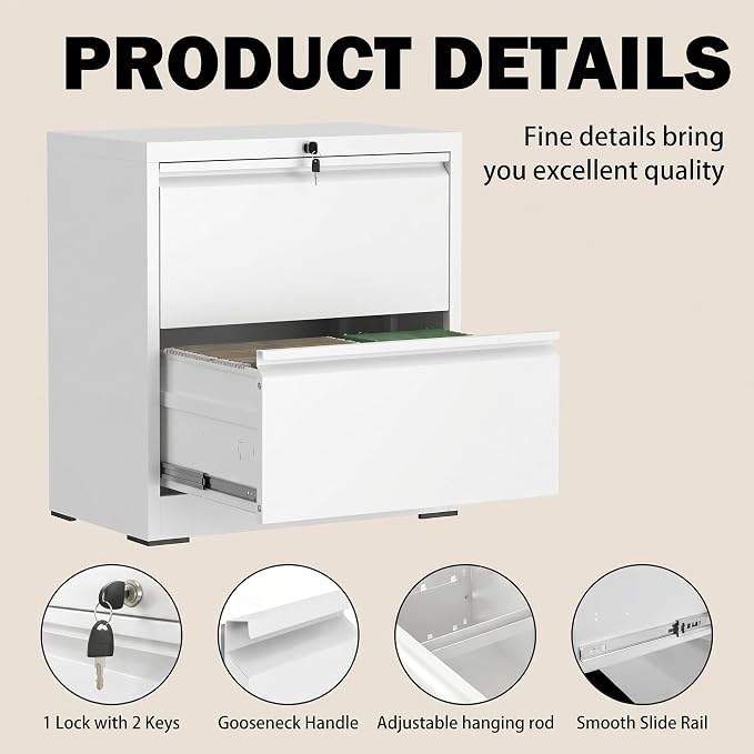 Lateral File Cabinet with Lock, 2 Drawer Filing Cabinet, Metal File Cabinets for Home Office, Steel Heavy-Duty Filing Storage Cabinet for Letters/Legal/A4 (Require Assembly, White)