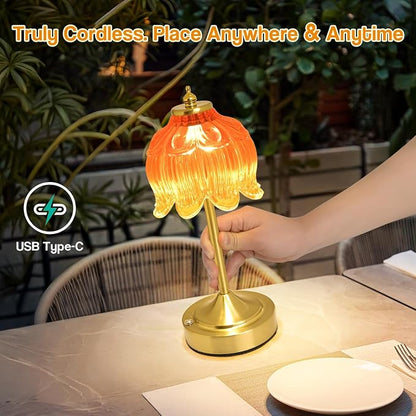Cordless Lotus Flower Table Lamp, 5200mAh Rechargeable Battery Operated Portable Lamp, 3-Color Dimmable Touch Control Small Desk Lamp for Bedroom, Office, Kitchen, Nightstand,Room Decor (Orange-red)
