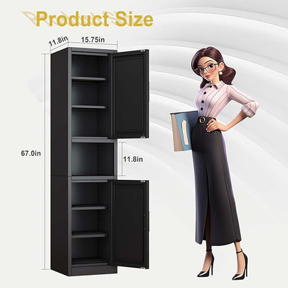 pozdeg 67" Tall Narrow Storage Cabinet Metal Bathroom Cabinet with 2 Doors & 4 Adjustable Shelves, Standing Pantry Cabinets Cupboard for Kitchen, Dining Room, Living Room and Bathroom (Black)