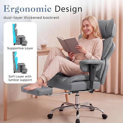 DUMOS Big and Tall Home Office Desk Chair, Ergonomic Executive Chair with Footrest, Computer Gaming Chairs with High Back Reclining, Adjustable Armrests and Comfy Lumbar Support, PU Leather, Grey