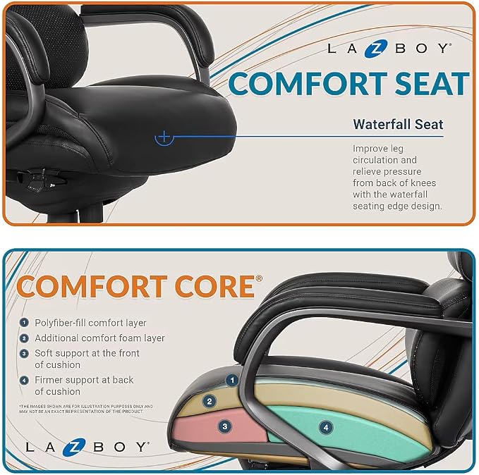 La-Z-Boy Aberdeen Ergonomic Executive Office Chair, Bonded Leather, Swivel, Reclines, Adjustable Arms, Lumbar Support, Black