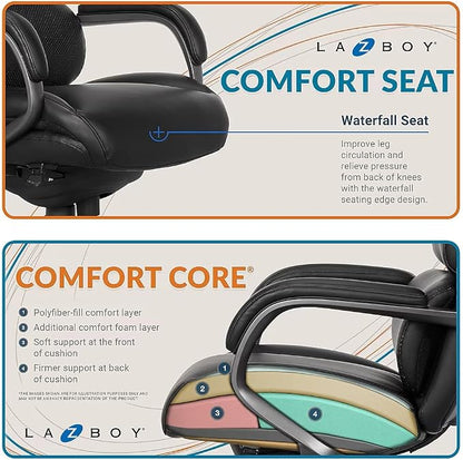 La-Z-Boy Aberdeen Ergonomic Executive Office Chair, Bonded Leather, Swivel, Reclines, Adjustable Arms, Lumbar Support, Black