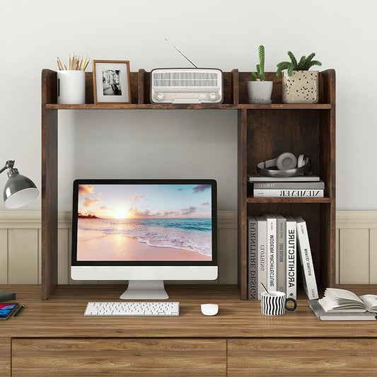 LDAILY Desktop Shelf, Multipurpose Wood Desk Hutch for Max 27" Computer Monitor, Countertop Storage Hutch with 5 Shelves, 3 Tier Desktop Display Rack for Dorm Office Home (Rustic Brown)