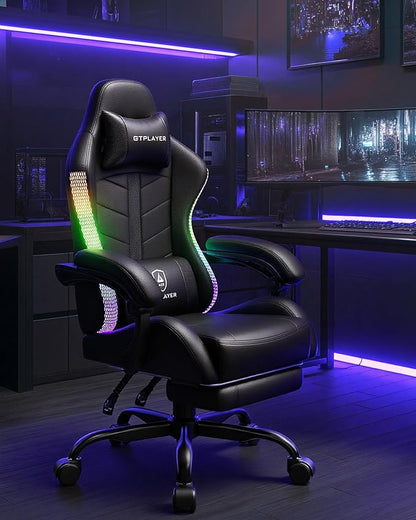 GTPLAYER RGB Gaming Chair with Footrest, Computer Gaming Chair with LED Lights for Adults, Height Adjustable PC Gamer Chair with 90-155° Recline & Removable Headrest Lumbar Support, RGB Black
